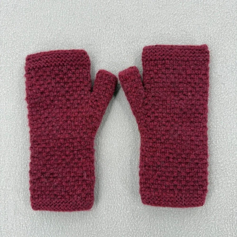 Hand Knit Alpaca Blend Bolivia Made Fingerless Embroidered Floral Maroon Gloves